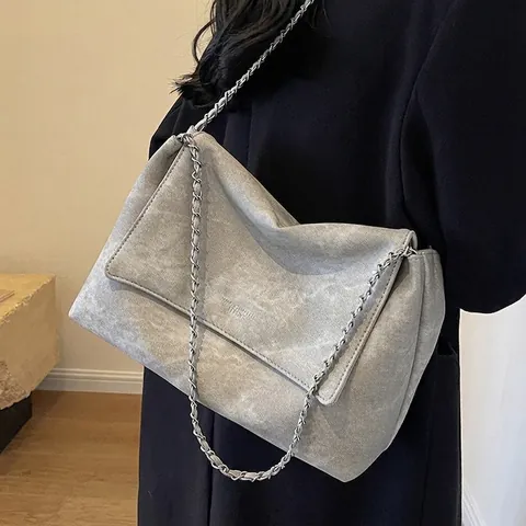 Große Damen Tote Bag Vintage PU Leder Kette Schultergurt Lässige Klappe Pendler Handtasche