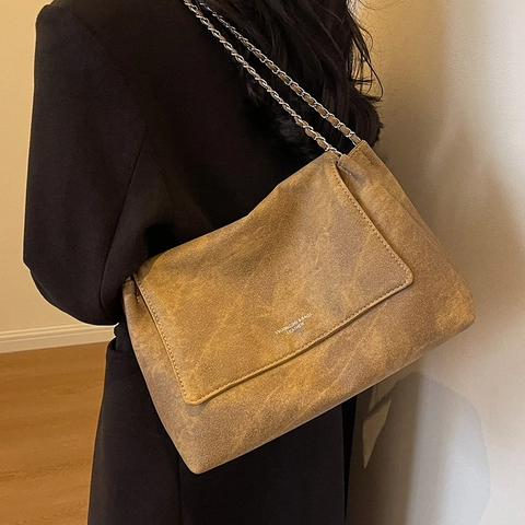Große Damen Tote Bag Vintage PU Leder Kette Schultergurt Lässige Klappe Pendler Handtasche