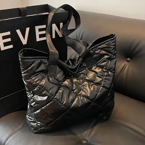 Borsa Tote Trapuntata Nera a Grande Capacità per Donna Borsa a Tracolla Lucida a Rombi per Pendolarismo Scuola in Pelle PU