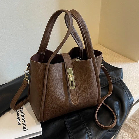 Borsa a Secchiello in Pelle PU Con Motivo Litchi Vintage da Donna Piccola Borsa a Tracolla Versatile Con Serratura in Metallo Oro