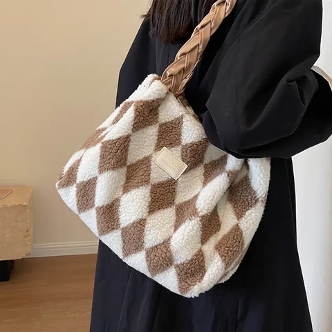 Bolso Tote de Peluche con Rombos para Mujer Gran Capacidad Asa de Cuero Trenzado Bolso de Hombro de Invierno Suave