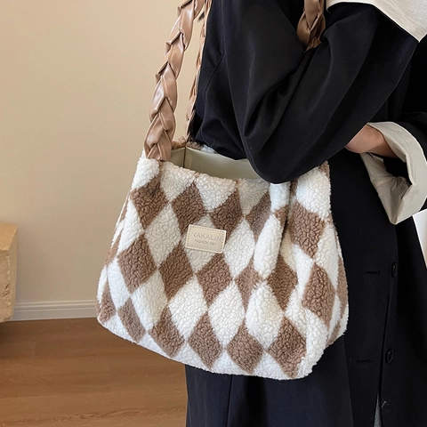 Bolso Tote de Peluche con Rombos para Mujer Gran Capacidad Asa de Cuero Trenzado Bolso de Hombro de Invierno Suave