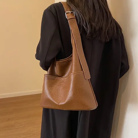 Large Capacity Litchi Grain PU Leather Shoulder Bag For Women Casual Commute Tote Hobo Bag With Adjustable Wide Strap