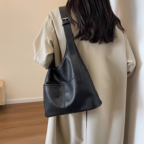 Large Capacity Litchi Grain PU Leather Shoulder Bag For Women Casual Commute Tote Hobo Bag With Adjustable Wide Strap