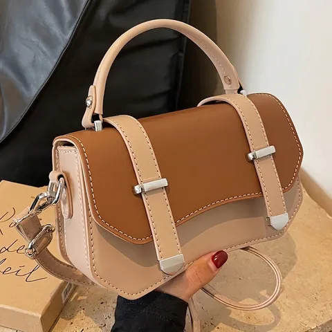 Fashion Women PU Leather Crossbody Bag Contrast Color Handbag With Patterned Wide Shoulder Strap Small Square Cambridge Bag