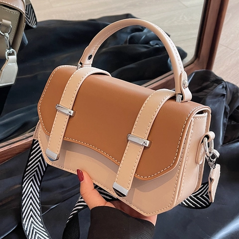 Fashion Women PU Leather Crossbody Bag Contrast Color Handbag With Patterned Wide Shoulder Strap Small Square Cambridge Bag