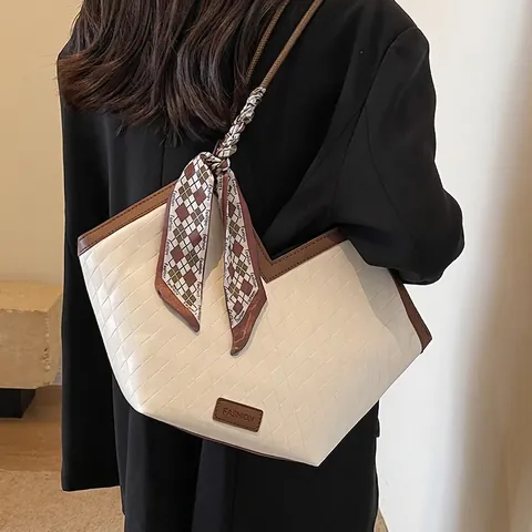 Dames Grote Capaciteit Tote Bag PU-Leer Doorgestikt Ruitpatroon Schoudertas Met V-Opening En Decoratieve Satijnen Sjaal