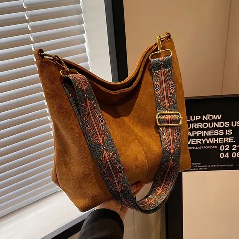Women Vintage PU Suede Texture Tote Bag Large Capacity Commute Shoulder Bag Bohemian Wide Strap Retro Messenger Bag
