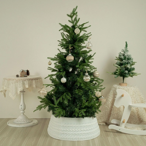 Cache-pied de Sapin de Noël Blanc en Maille Torsadée Jupe de Sapin Tricotée en Polyester pour Décoration de Base Maison