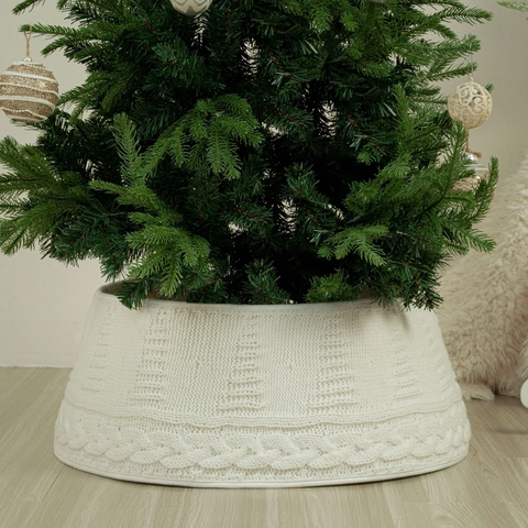 White Knitted Christmas Tree Collar Cable Knit Polyester Festive Base Cover For Christmas Tree Holiday Party Home Decor