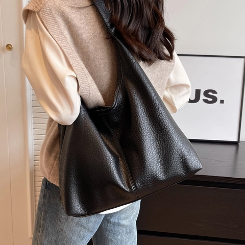 Bolso Hobo de Cuero PU para Mujer Gran Capacidad Bolso de Axila Minimalista con Grano de Lichi Bolso de Hombro Retro para Viajes Diarios