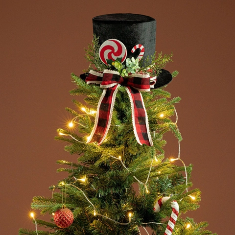 Christmas Tree Topper Black Top Hat Decoration With Buffalo Plaid Bow Candy Cane Peppermint Artificial Pine Needles Festive Xmas Tree Ornament For Home Party