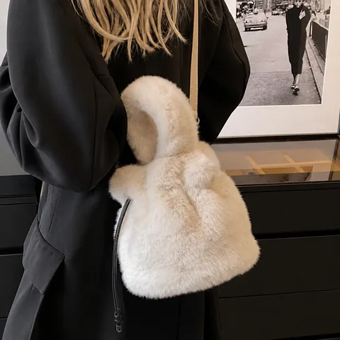 Women Plush Faux Fur Bucket Bag Soft Fluffy Drawstring Handbag Autumn Winter Shoulder Crossbody Bag For Lady Travel Daily