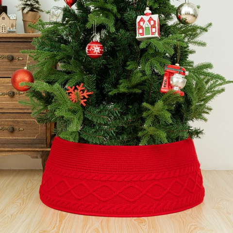 Collare per Albero di Natale in Maglia Rossa Vintage Motivo a Trecce e Diamanti Decorazione per Casa Festa Natalizia Accessorio