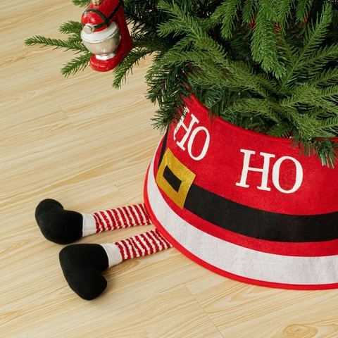 Kerstman Kerstboomkraag Met Elfenpoten HO HO HO Patroon Rood Polyester Kerstboomrok Voor Feestelijke Huisdecoratie
