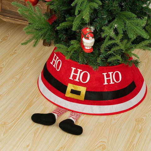 Kerstman Kerstboomkraag Met Elfenpoten HO HO HO Patroon Rood Polyester Kerstboomrok Voor Feestelijke Huisdecoratie