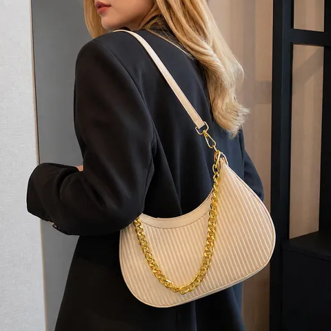 Women Pleated PU Leather Hobo Bag Gold Chain Half Moon Shoulder Crossbody Bag Vintage Casual Fashion Large Capacity Tote Handbag