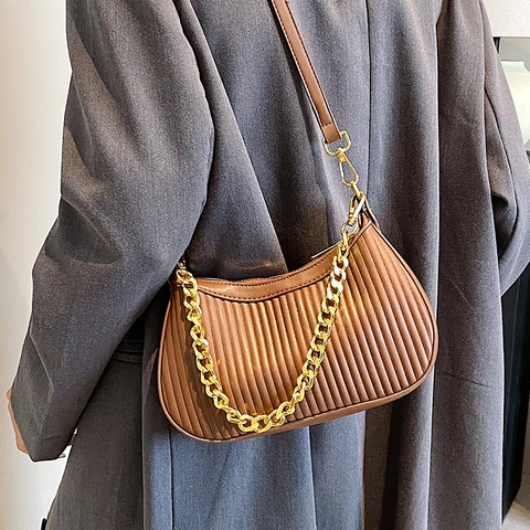 Women Pleated PU Leather Hobo Bag Gold Chain Half Moon Shoulder Crossbody Bag Vintage Casual Fashion Large Capacity Tote Handbag