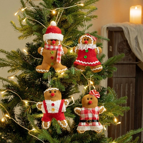 Kerst Peperkoekmannetje Pluche Hangende Ornamenten Met Geruite Sjaal Rok En Rode Bretels Voor Kerstboom Feest Raamdecoratie