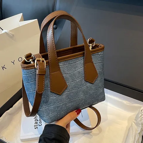 Mini Sac Fourre-tout Vintage à Motif Crocodile pour Femmes en Cuir PU Patchwork Sac à Main Mode Sac Bandoulière pour le Quotidien