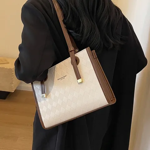 Women's Large Capacity Rhombic Pattern Tote Bag PU Leather Fashion Casual Shoulder Bag For Daily Commuting Travel