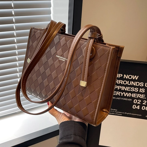 Women's Large Capacity Rhombic Pattern Tote Bag PU Leather Fashion Casual Shoulder Bag For Daily Commuting Travel