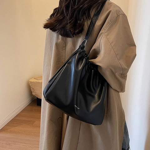 Damen Große Kapazität Plissee Bucket Bag Weiches PU Leder Schulter Umhängetasche Minimalistisch Kordelzug Mode Handtasche