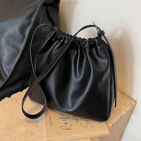 Damen Große Kapazität Plissee Bucket Bag Weiches PU Leder Schulter Umhängetasche Minimalistisch Kordelzug Mode Handtasche
