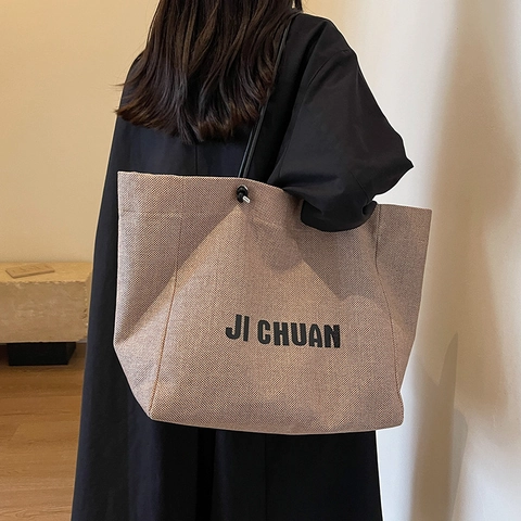 Women Large Capacity Canvas Tote Bag Letter Print Shoulder Bag Minimalist Commuting Handbag For Daily Travel Casual Ladies Bags