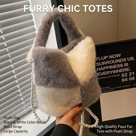 Borsa a Secchiello in Peluche a Scacchiera da Donna Borsa a Mano in Pelliccia Sintetica Con Tracolla in Künstliche Perle Invernale