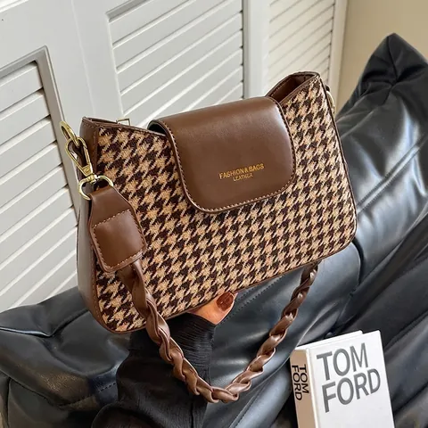 Bolso de Axila Vintage de Pata de Gallo para Mujer Patchwork Cuero Sintético Bolso Bandolera Correa Trenzada Bolso de Hombro