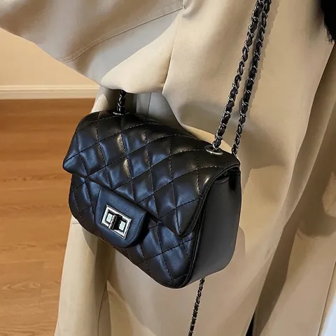 Vintage Diamond Quilted PU Leather Crossbody Bag Women Metal Chain Strap Adjustable Small Square Handbag Shoulder Bag