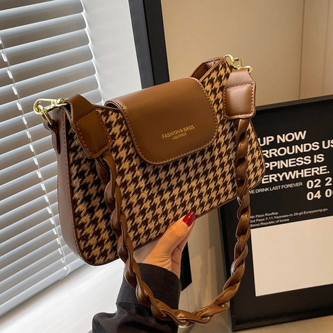 Bolso de Axila Vintage de Pata de Gallo para Mujer Patchwork Cuero Sintético Bolso Bandolera Correa Trenzada Bolso de Hombro