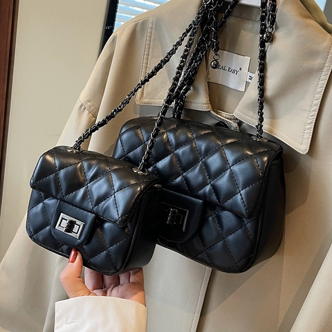 Vintage Diamond Quilted PU Leather Crossbody Bag Women Metal Chain Strap Adjustable Small Square Handbag Shoulder Bag