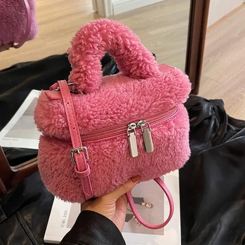 Damen Plüsch Beuteltasche Kunstpelz Handtasche Umhängetasche Herbst Winter Weich Warm Schultertasche Mit Lederriemen Casual