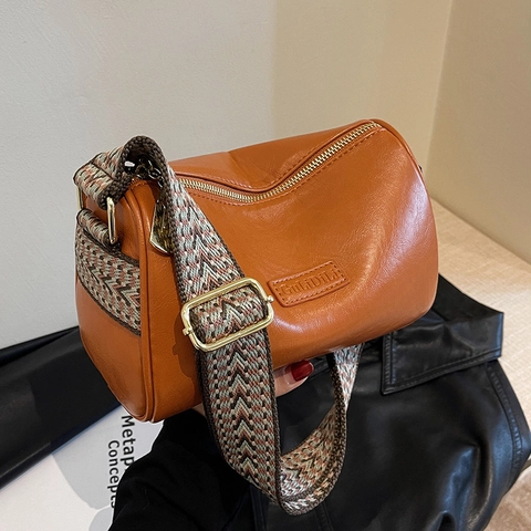 Women Vintage PU Leather Boston Bag Retro Cylinder Crossbody Handbag With Wide Geometric Woven Strap Gold Tone Hardware