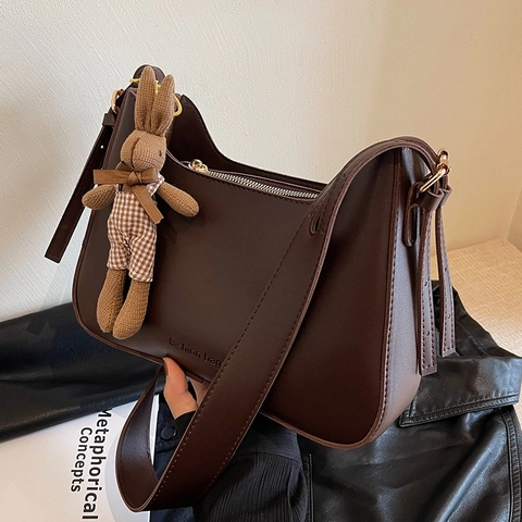 Vintage Damen PU Leder Halbmond Hobo Tasche Retro Minimalistische Schulter Umhängetasche Mit Hasen Plüsch Anhänger Mode Tasche