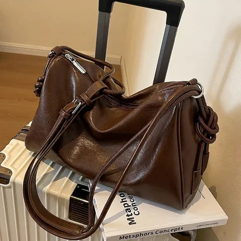 Vintage Große Kapazität Leder Umhängetasche Weiche Geknotete Riemen Crossbody Handtasche Für Damen Einfache Pendler Alltagstasche