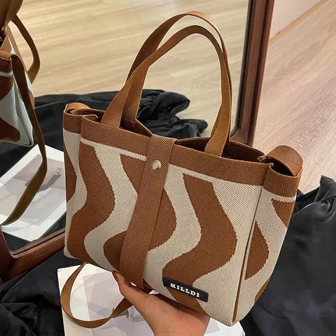 Bolso Tote de Punto para Mujer Patrón de Ondas Color de Contraste Gran Capacidad Bolso de Hombro Vintage Casual
