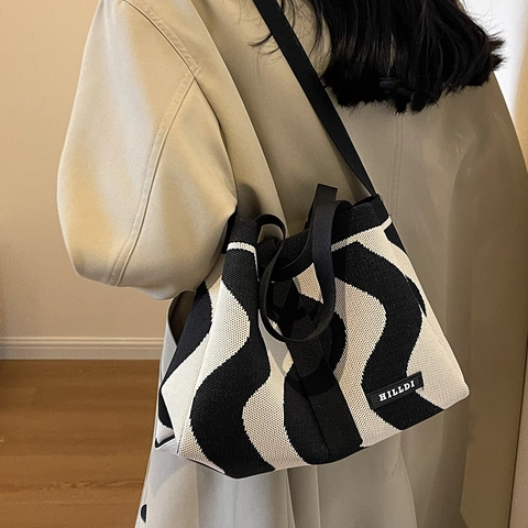 Bolso Tote de Punto para Mujer Patrón de Ondas Color de Contraste Gran Capacidad Bolso de Hombro Vintage Casual