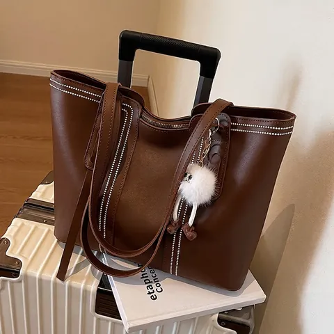 Large Capacity PU Leather Tote Bag With White Contrast Stitching And Plush Monster Charm Casual Shoulder Bag For Women Travel