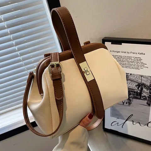 Bolso de Médico de Cuero PU Vintage Mujer Bolso de Mano Color Contraste Con Cierre de Metal Correa Ajustable Retro Bolso