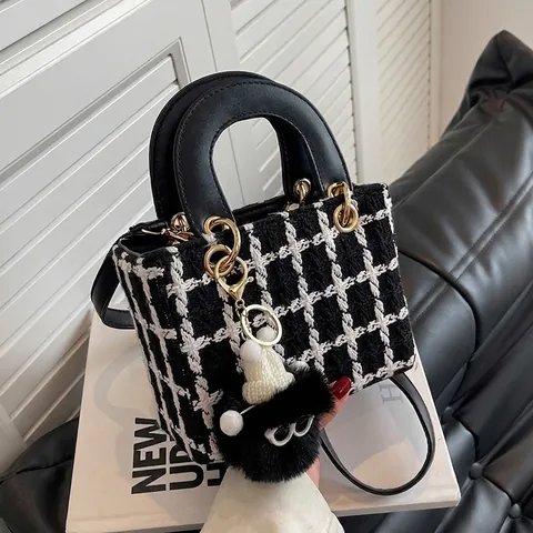 Elegant Tweed Grid Women Handbag Fashion Plaid Crossbody Bag With Round Handle And Furry Monster Charm Fashion Square Bag