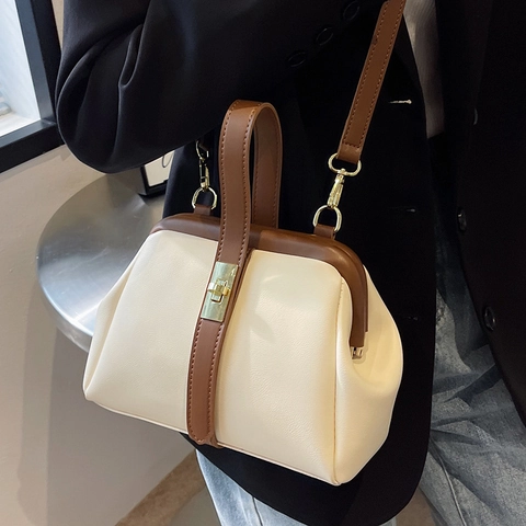 Bolso de Médico de Cuero PU Vintage Mujer Bolso de Mano Color Contraste Con Cierre de Metal Correa Ajustable Retro Bolso
