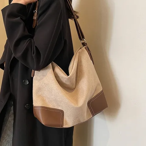 Borsa Tote Hobo Donna Grande Capacità Patchwork in Pelle PU Scamosciata Cuciture a Contrasto Tracolla Regolabile Borsa a Mano