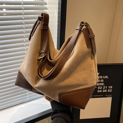 Borsa Tote Hobo Donna Grande Capacità Patchwork in Pelle PU Scamosciata Cuciture a Contrasto Tracolla Regolabile Borsa a Mano