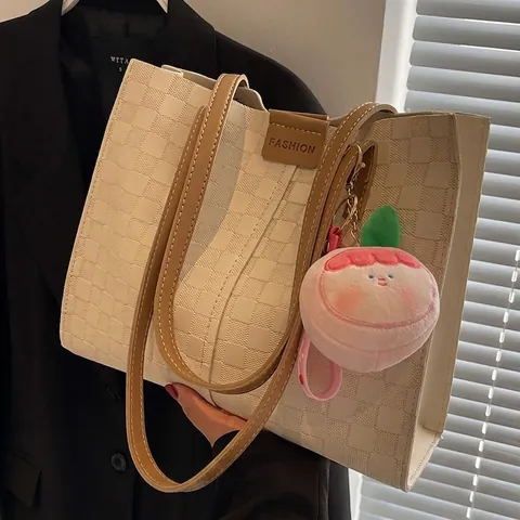 Borsa Tote da Donna Grande Capacità Pelle PU Trama a Scacchi Borsa a Tracolla Con Ciondolo Pesca in Peluche Casual