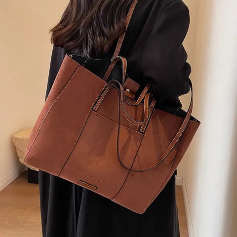 Damen Große Kapazität Mattierte PU Wildleder Textur Tragetasche Kontrastnähte Pendler Schultertasche Retro Minimalistische Shopper Handtasche