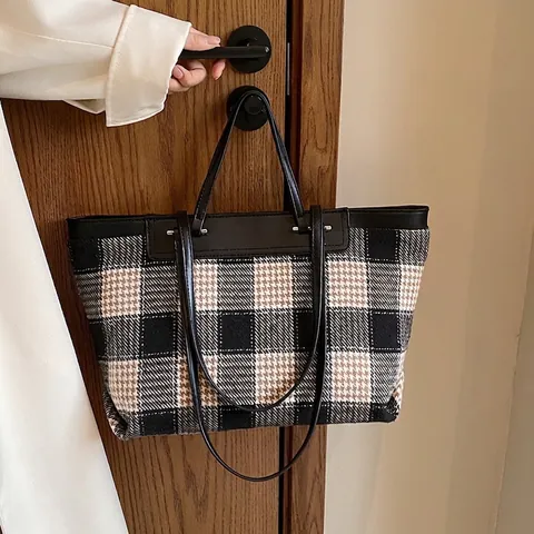 Bolso Tote de Cuadros Retro de Gran Capacidad de Tela y Cuero PU de Retazos Bolso de Hombro para Conmutar Bolso Informal para Mujer