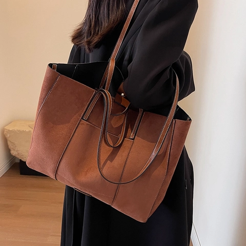 Damen Große Kapazität Mattierte PU Wildleder Textur Tragetasche Kontrastnähte Pendler Schultertasche Retro Minimalistische Shopper Handtasche